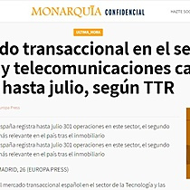 El mercado transaccional en el sector de tecnologa y telecomunicaciones cae un 13% hasta julio, segn TTR